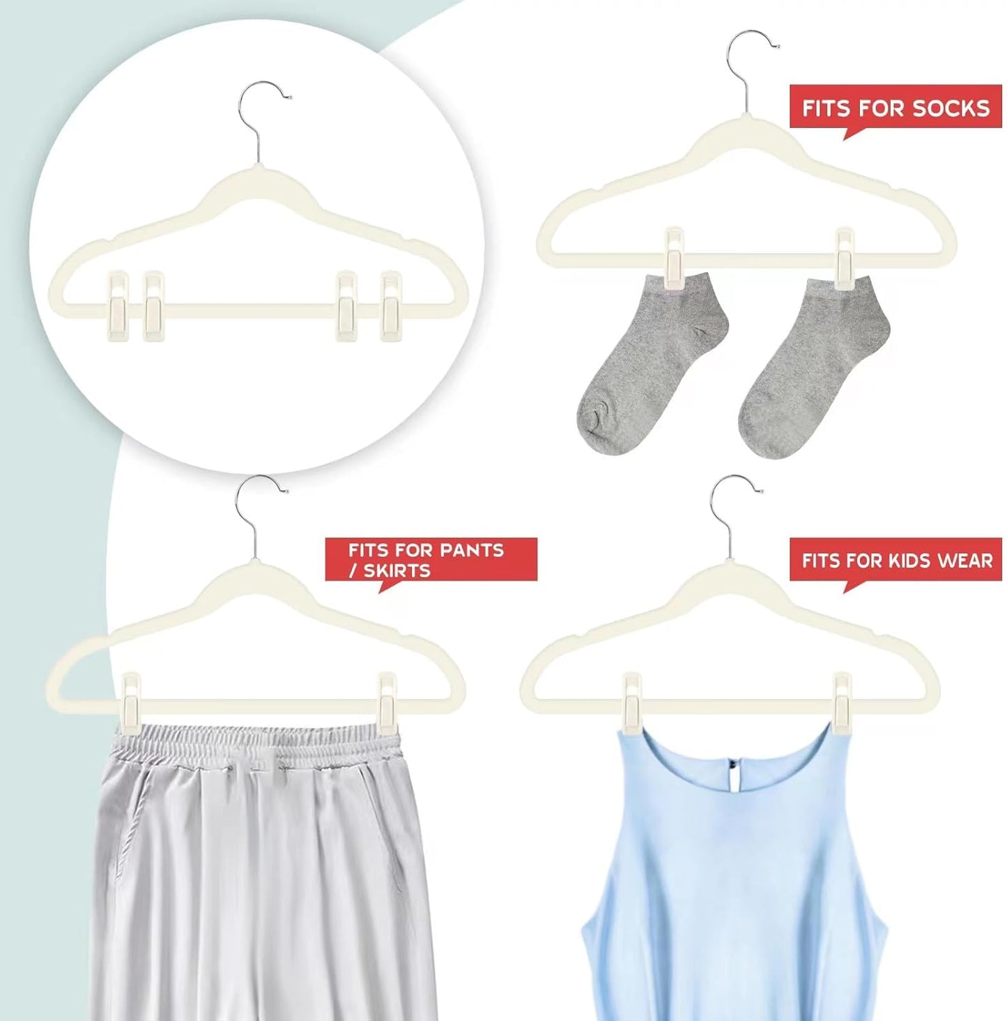 Tinfol Ivory Velvet Hanger Clips - 24 Pack Strong Flocked Clips for Slim-Line Clothes Hangers