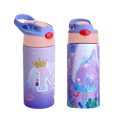 DOPHCOZFFY Kids Insulated Water Bottle, 12.6 oz Stainless Steel Water Bottle, Double Wall Toddler Water Bottle, Water Bottles for Kids BPA-Free for School Boys Girls (2PCS-purpleM+mermaid)