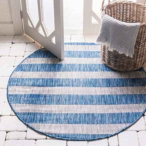 Unique Loom Outdoor Striped Collection Area Rug - Distressed Stripe (4' 1" Round, Blue/ Gray)
