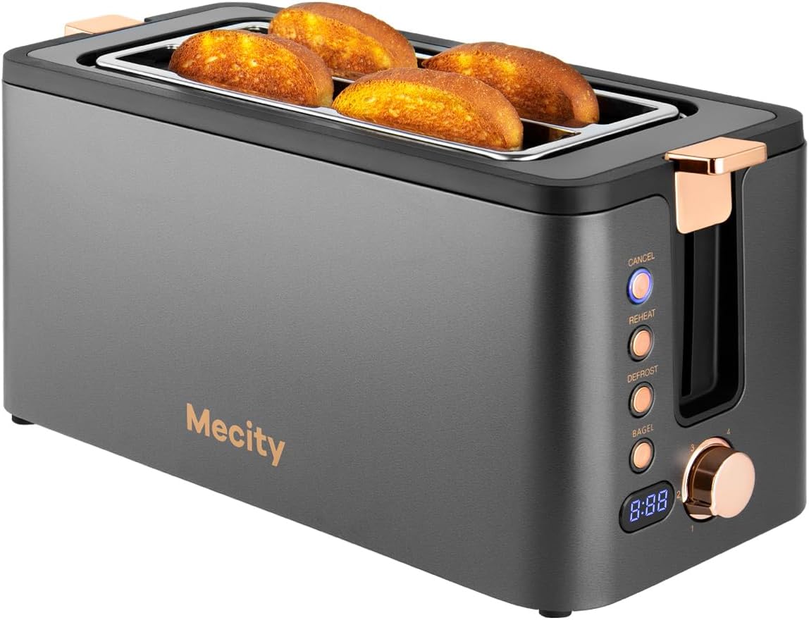 Mecity 4-Slice Long Slot Toaster - Stainless Steel with Warming Rack & 6 Browning Settings | Grey