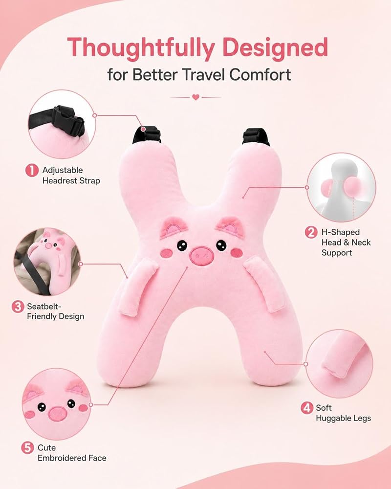 Kids Travel Neck Pillow H-Shaped Comfort Soft Plush with Seatbelt Slot White 1PC