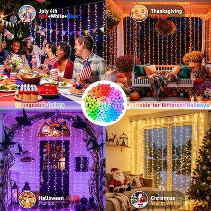 RGB Curtain Lights 300 LEDs 9.8×9.8FT Color Changing String Lights with Remote & App Control