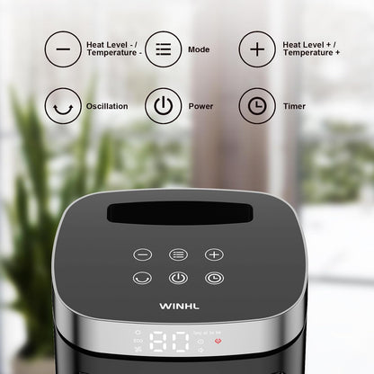 WINHL Electric Space Heater - 1500W PTC Ceramic with Thermostat, Remote, 70° Oscillation & 12H Timer | Indoor Use