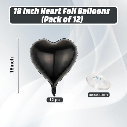 Black Heart Balloons - 18 Inch Romantic Foil Balloons | 12PCS Large Helium Balloons for Weddings & Parties
