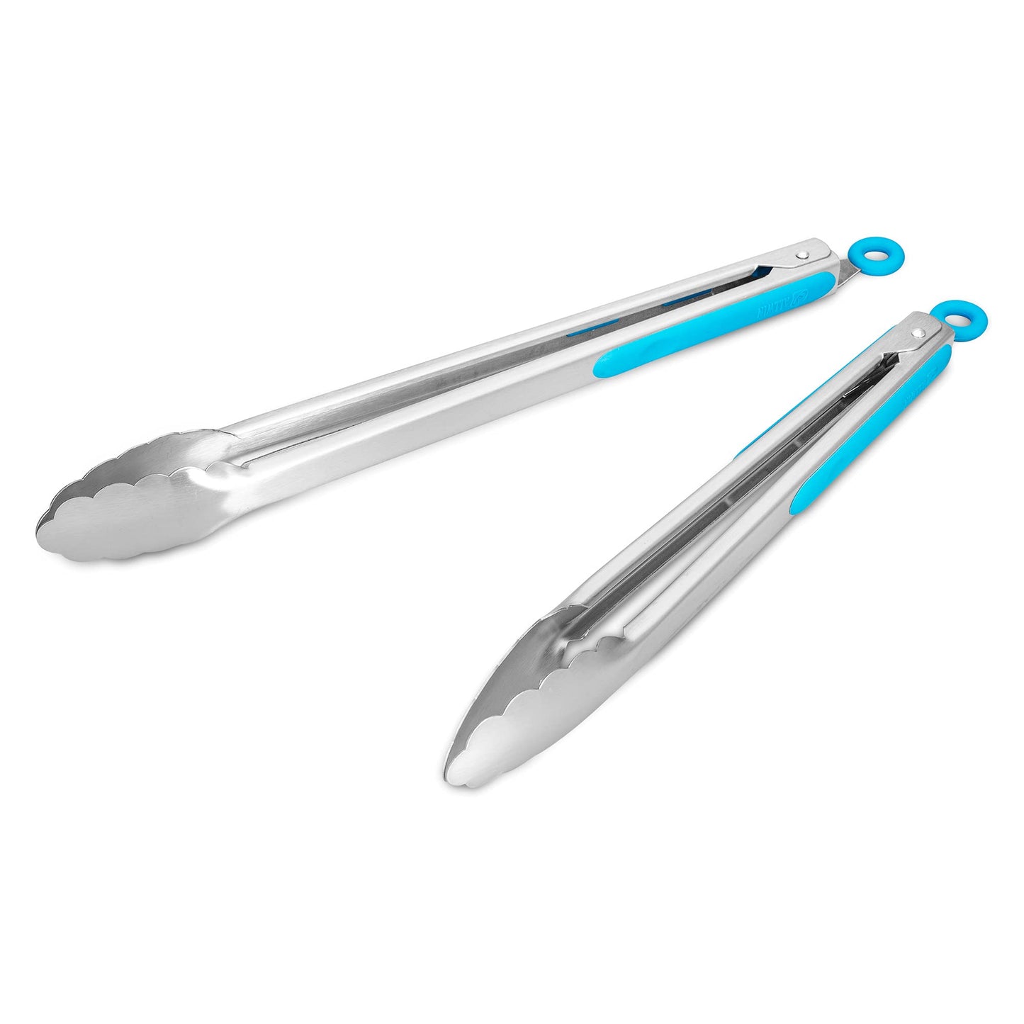 304 Stainless Steel Kitchen Cooking Tongs, 12" and 14" Set of 2 Sturdy Grilling Barbeque Brushed Locking Food Tongs with Ergonomic Grip, Blue