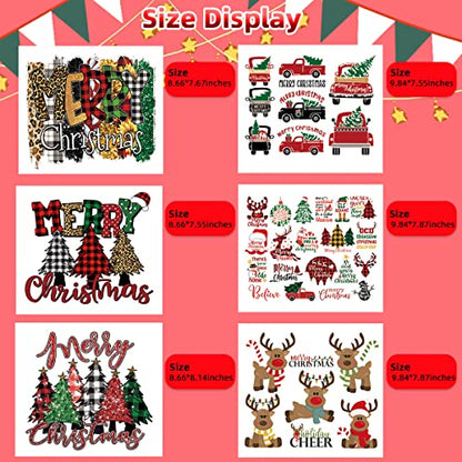 Christmas Heat Transfer Vinyl HTV Iron-On Sheets for T-Shirts - Buffalo Plaid Deer Santa Tree Design - 6 Sheets - Black Red Green - Variation of Christmas-6pcs