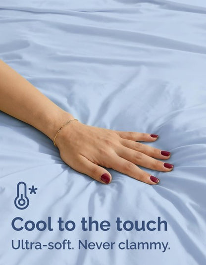 Cooling Sheets Set | Skiennix Queen Size 4-Piece Bedding for Hot Sleepers - Soft, Breathable, Lightweight - Deep Pockets 8" to 16" - Sky Blue