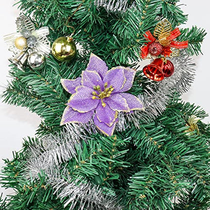 Christmas Glitter Poinsettia Ornaments Pack of 12 - Purple Holiday Tree Decorations
