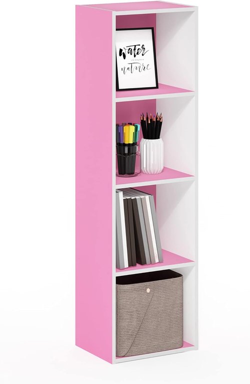 Furinno PASIR 4-Tier Modern Bookshelf - Easy Assembly Open Shelves Bookcase | Pink/White, 9 x 12 x 42 Inches