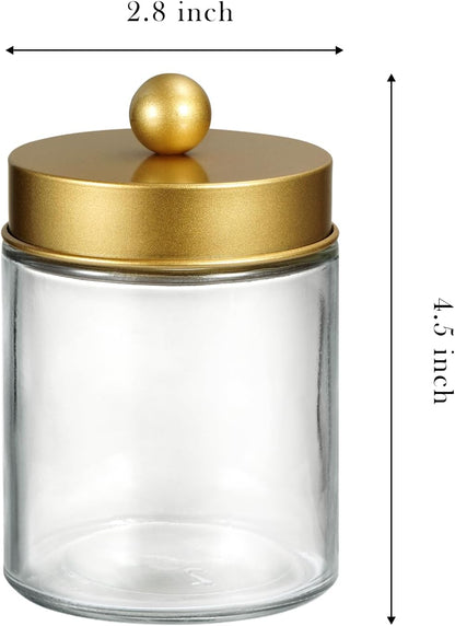 SheeChung Qtip Dispenser Holder Set - 4 Glass Apothecary Jars with Gold Lids & Stickers | Bathroom Storage Organizer