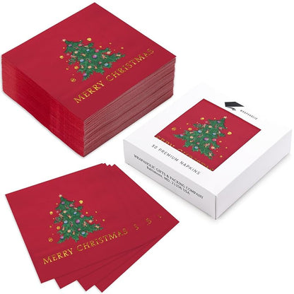 5 x 5 Inch 50-Count 3-Ply Christmas Tree Red Paper Napkins - Wrapped Pack
