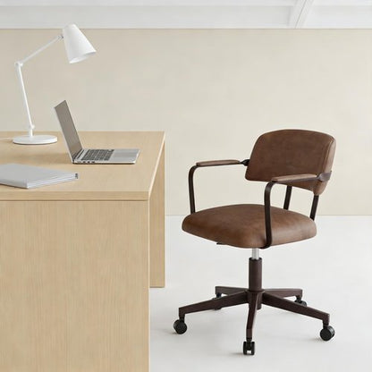 BERYTH Home Office Desk Chair, Mid-Century Modern Desk Chair with Padded Arms, Adjustable Seat Height, Mid Back 360° Small Computer Chair with Mobile Mute Wheel, PU Leather (Brown)