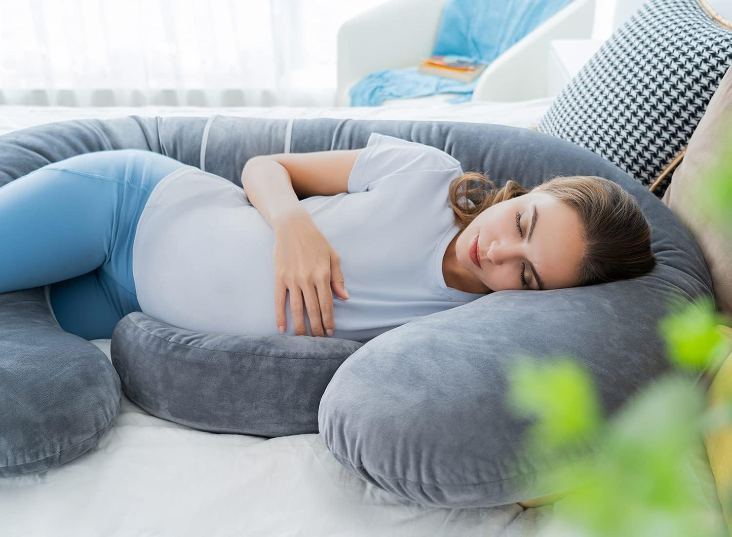 Queen Rose Pregnancy Pillow - E-Shaped Body Pillow for Side Sleepers | Detachable Grey Velvet, 60in