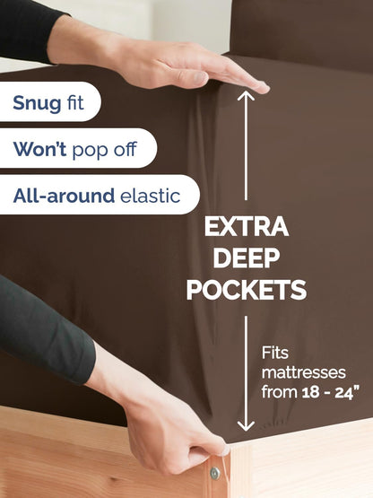 Skiennix Extra Deep Full Sheet Set - 6 Piece Cooling Bedding - Soft, Wrinkle-Free, Easy Fit - Brown