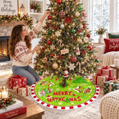 48-Inch Christmas Tree Skirt - Festive Green Red Holiday Decorations
