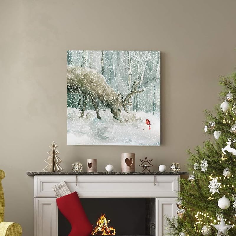 Variation of THIS listing: Reindeer and Cardinal Wall Art 24" x 24" Ready to Hang - Giclée Canvas