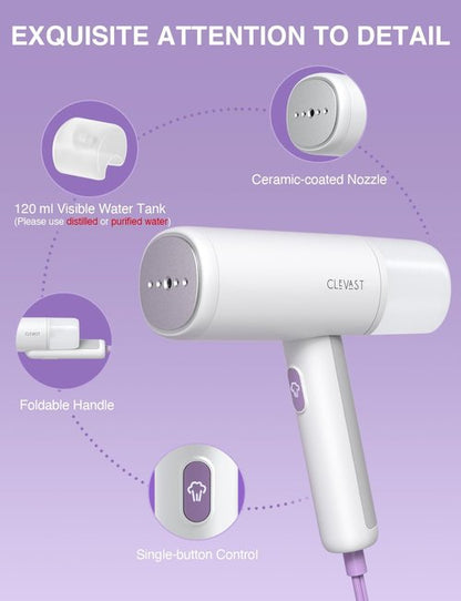CLEVAST Portable Garment Steamer - Handheld Travel Size, Fast 30-Second Heat Up, 1000W Power