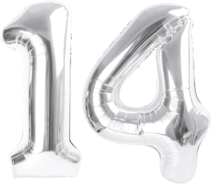 Number 14 Balloons - Large 40 Inch Silver Foil Birthday Decorations for 14th Celebrations