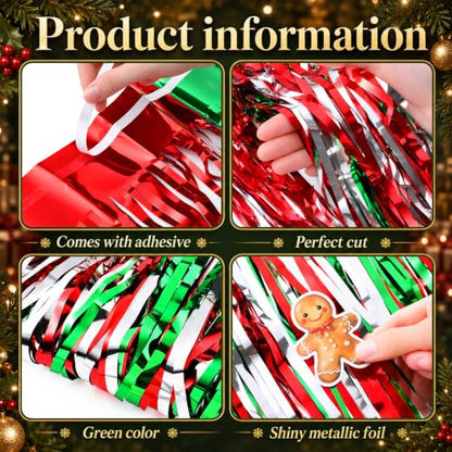 Christmas Table Skirt Set - Red Green White Tinsel Fringe Party Decorations - 4 Pack