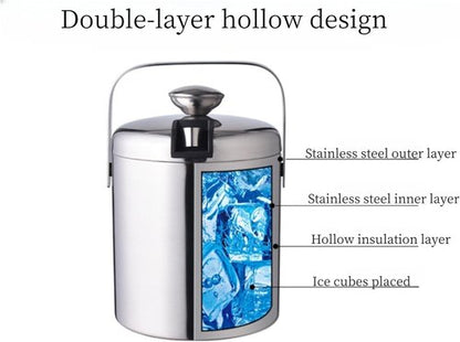Insulated Ice Bucket with Lid and Scoop & Tong, Double Wall 304 Stainless Steel Ice Bucket for Freezer, Built-in Strainer for Effortless Ice Water, 2.75 qt Ice Buckets for Parties, Champagne Bucket.