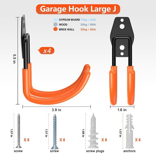 HUPBIPY Heavy Duty Garage Hooks - J Shaped Wall Mounted Tool Organizer | 4 Pack for Ladders, Bikes & More