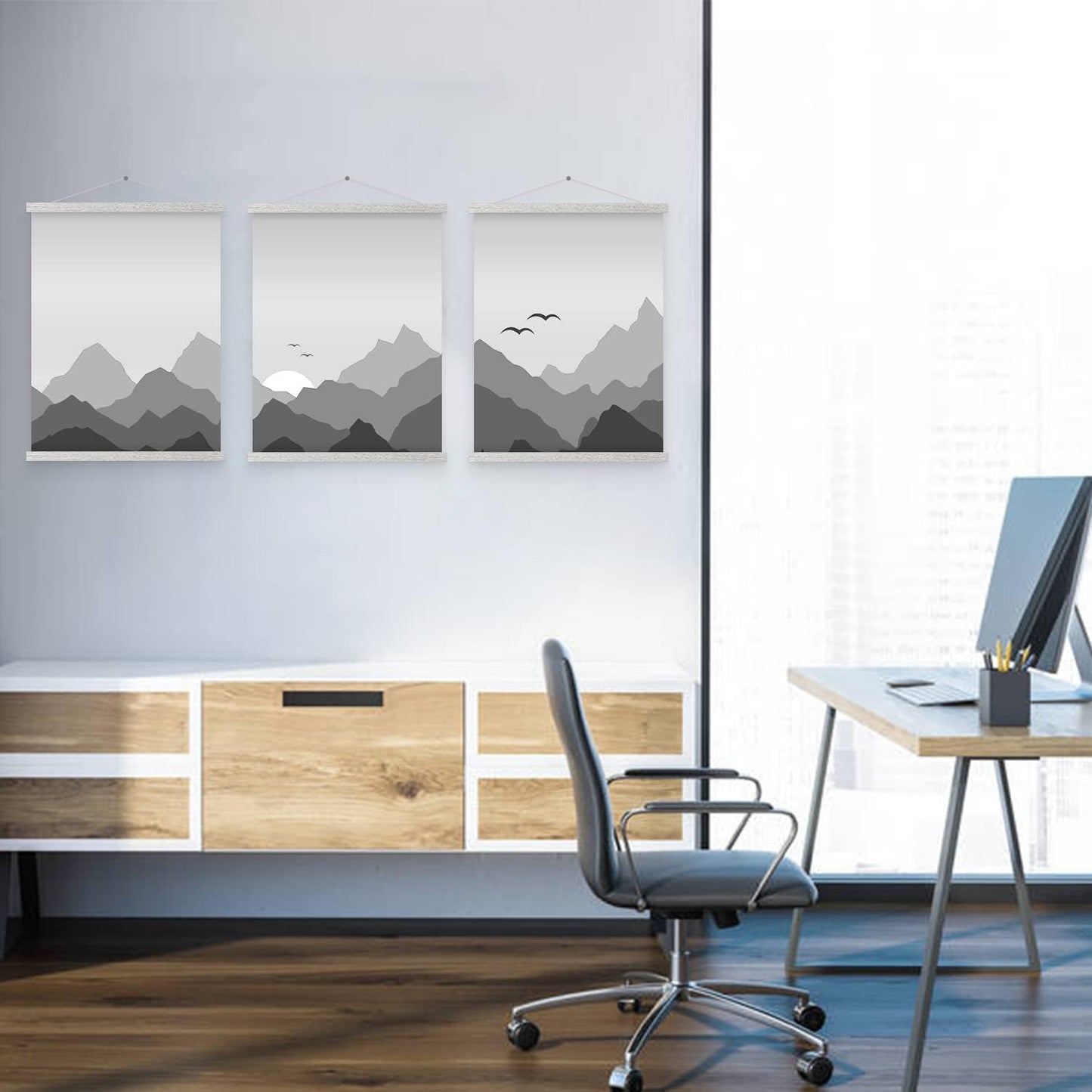 Benjia Magnetic Poster Hanger - 20" Wooden Frame for Canvas Art & Map Display (Grey)