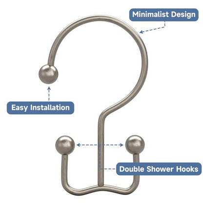 Titanker Shower Curtain Hooks Matte Nickel, Minimalist Simple Double Glide Shower Curtain Rings, Rust Proof Metal Shower Hooks Rings for Bathroom Shower Rods Curtains, Set of 12 Hooks