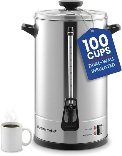 Elite Gourmet 100-Cup Coffee Urn & Hot Water Boiler - Dual-Wall Insulated, Dripless Faucet, Stainless Steel