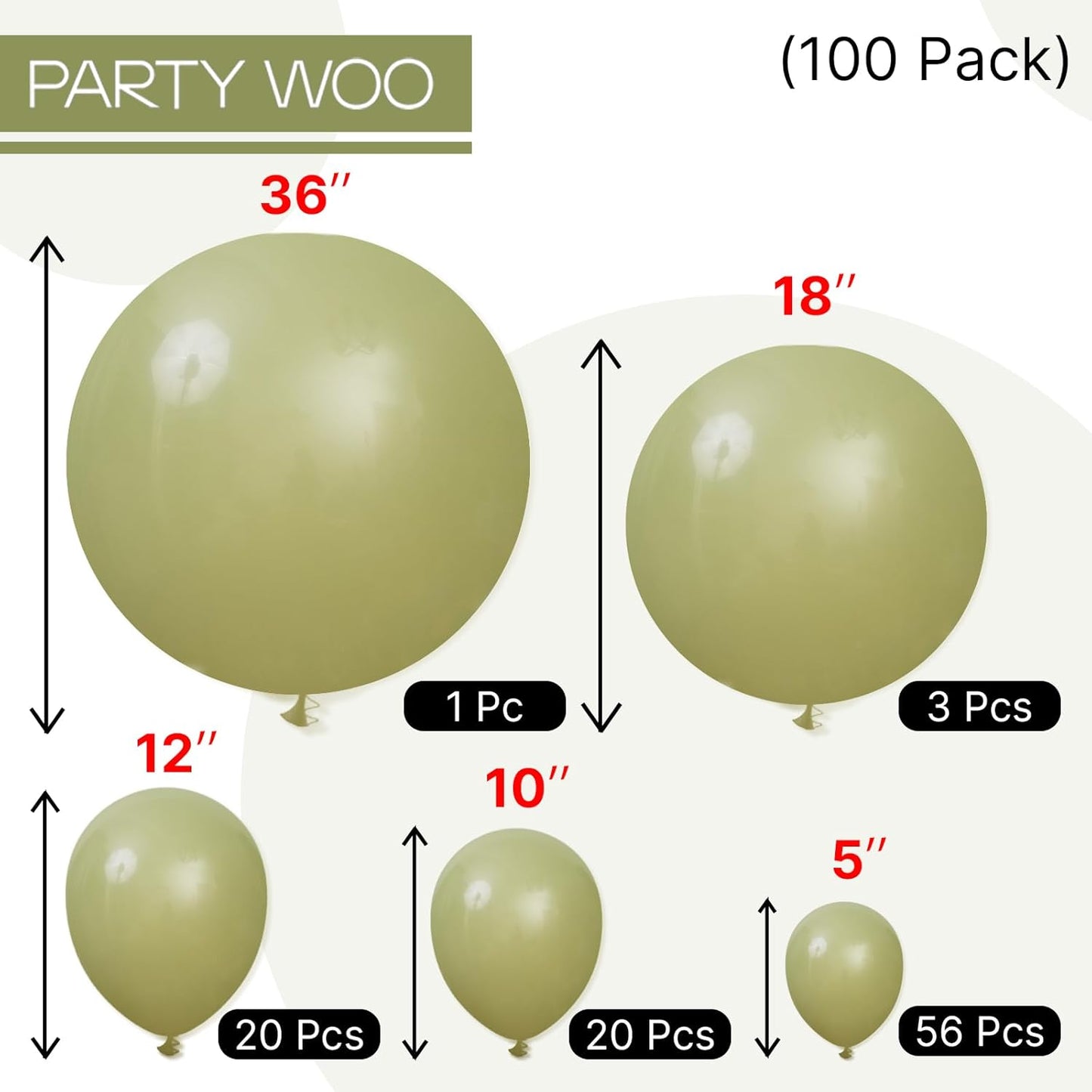 PartyWoo Sage Green Balloons - 100pcs Latex Balloon Arch Kit for Weddings & Birthdays | 5-36 Inch Sizes