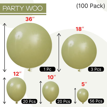 PartyWoo Sage Green Balloons - 100pcs Latex Balloon Arch Kit for Weddings & Birthdays | 5-36 Inch Sizes