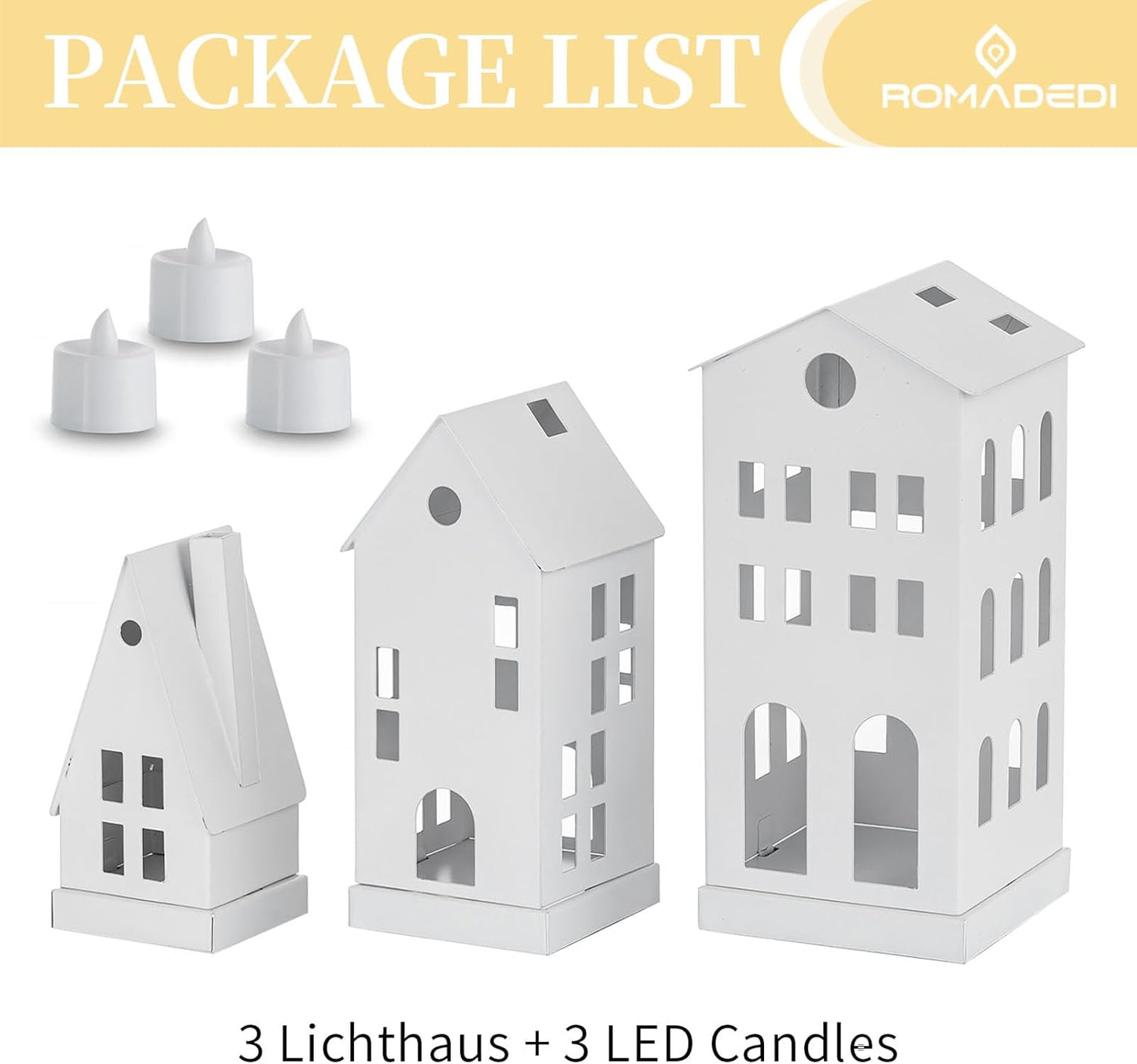 Romadedi White Christmas Village Set - Light Up Candle Holders for Home Decor | Set of 3