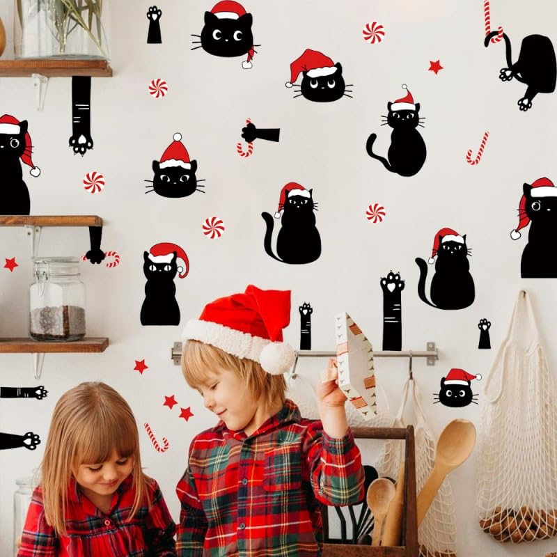 Christmas Black Cat Wall Decals - Candy Cane & Santa Hat Stickers for Holiday Decor