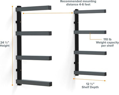 Bora 4-Level Lumber Storage Rack - Space-Saving Metal Shelf for Wood & Building Materials | PBR-004B Black Gray