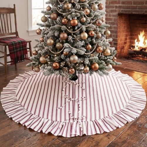 Christmas Tree Skirt 48 Inch Red & White Ruffle with Bows - Burgundy Variation