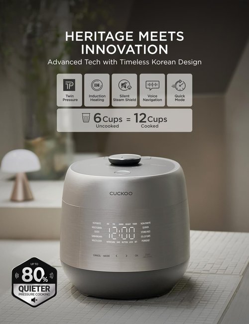 CUCKOO Twin Pressure Rice Cooker - 6-Cup Uncooked / 12-Cup Cooked | Induction Heating, Silent Pressure, Gray