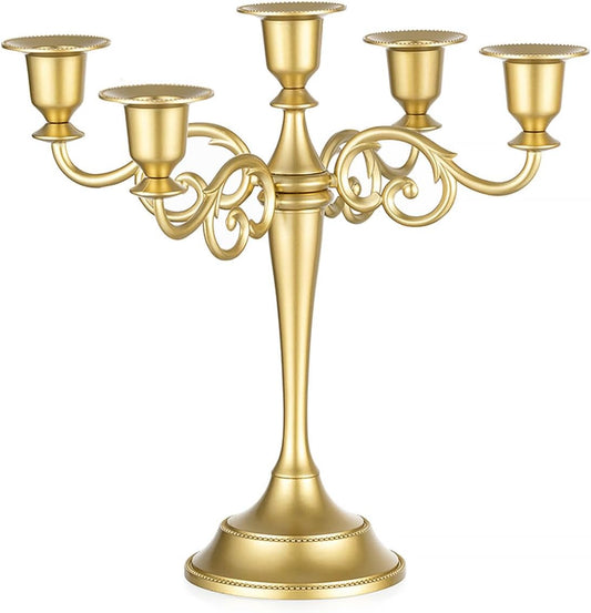 Sziqiqi Gold Candelabra | Elegant 10-Inch Centerpiece Candle Holder for Taper Candlesticks - 5 Arms Metal Design for Weddings & Dining Tables