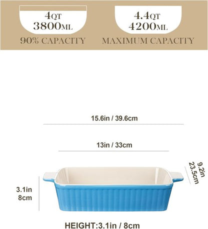 MALACASA 4.4 QT Baking Dish - Large 9x13 Ceramic Casserole Pan with Handles - Microwave Safe, Blue