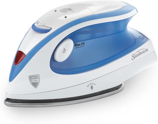 Sunbeam Hot-2-Trot Travel Steam Iron - 800 Watt Dual Voltage, Compact & Portable, Non-Stick Soleplate | White & Blue