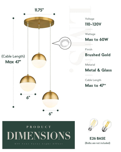 LMS Brushed Gold 3-Light Cluster Pendant Lights, Modern Kitchen Island Lighting with White Globe Glass Shade, Adjustable Hanging Cord Ceiling Light for Bathroom Bedroom Dining Room, LMS-186BG3