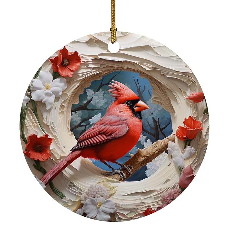 3D Red Cardinal Memorial Christmas Ornament - Ceramic Hanging Decoration - Red Variation