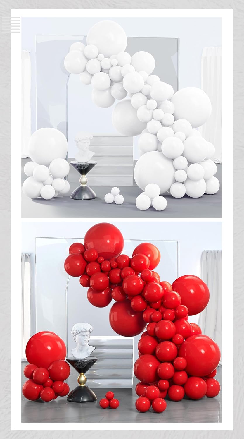PartyWoo White & Red Balloons - 280 Pcs in 18/12/10/5 Inch Sizes | Perfect for Classic Arch Decor