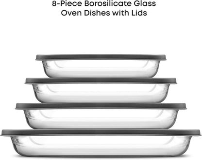 JoyJolt 8-Piece Borosilicate Glass Baking Dish Set - Rectangle Deep Oven Dishes with Black Lids | Perfect for Lasagna, Casserole, and Cake
