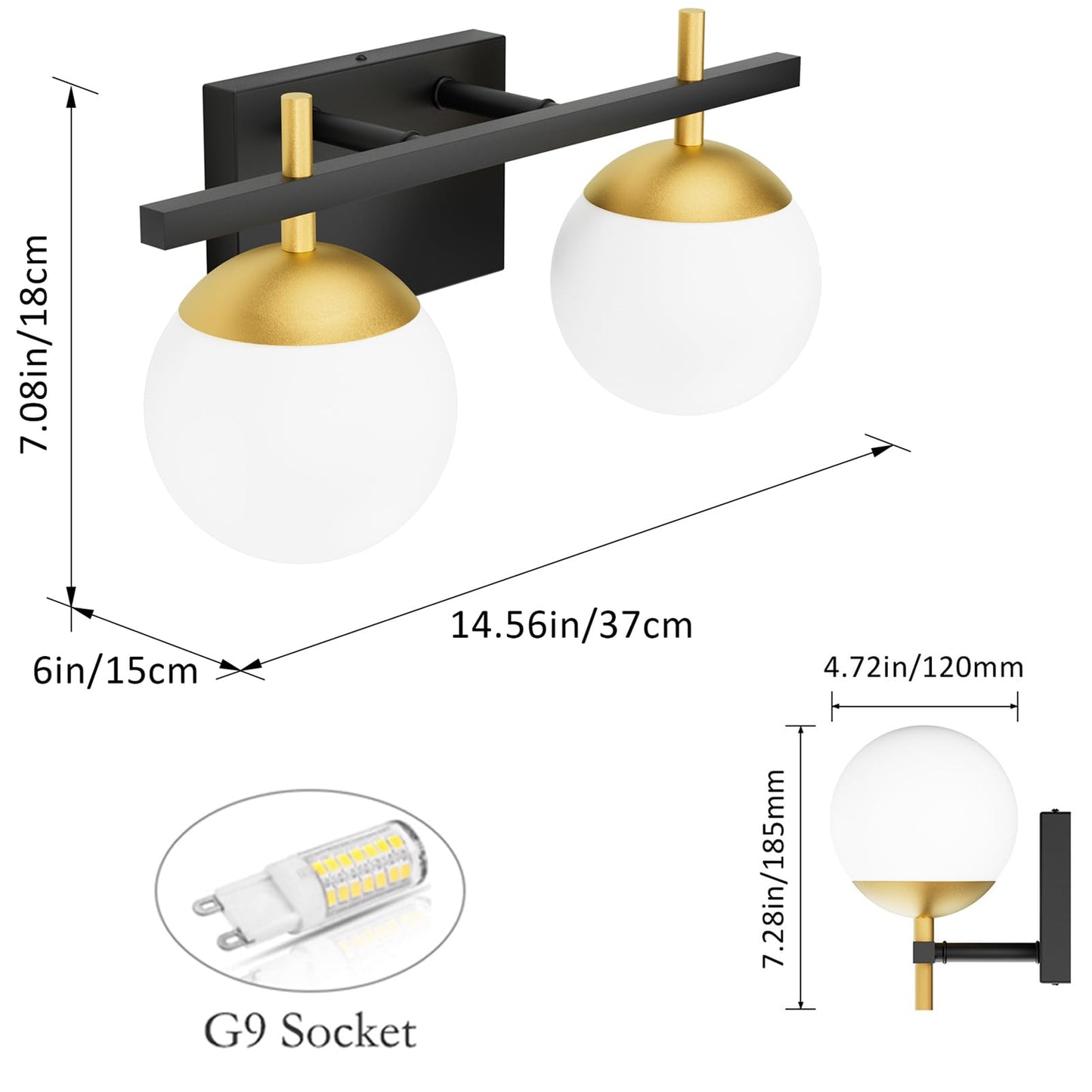 Ralbay 2-Light Black Gold Bathroom Vanity Light - Mid Century Modern Bathroom Light Fixture with Black/Golden Milky Glass Ball Wall Light