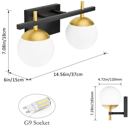Ralbay 2-Light Black Gold Bathroom Vanity Light - Mid Century Modern Bathroom Light Fixture with Black/Golden Milky Glass Ball Wall Light
