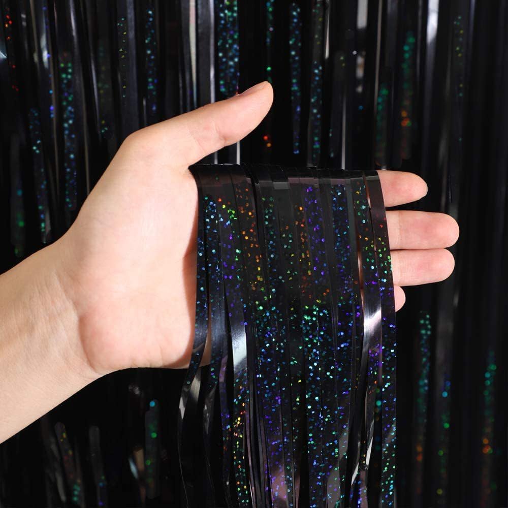 Slmeno Black Foil Fringe Curtains - 4 Pack Glitter Tinsel Backdrop 3.3x8.2ft for Party Decor
