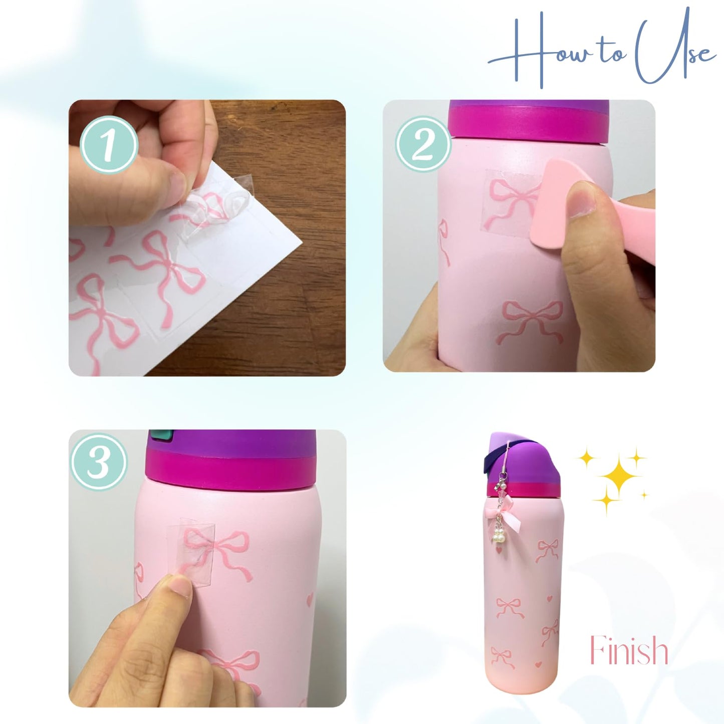 Romukuku Bows Stickers for Custom Owala Accessories, Heart Decals Transfer Stickers for Water Bottles, Bows Pearl Charms for Owala (Light Blue)