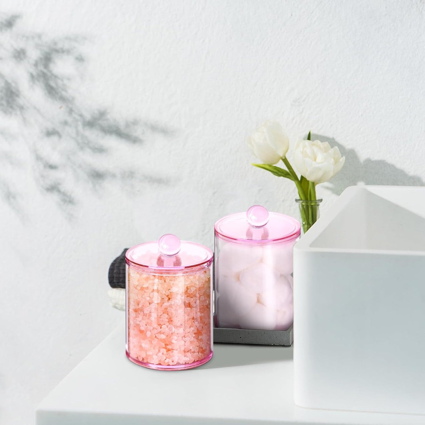 XIPENGKEJI Qtip Holder Set - 6 Pack Apothecary Jars with Lids for Cotton Swabs & Pads | Pink 10oz-12oz