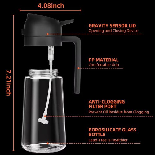 Glass Oil Spray Bottle by [Brand Name] - 16oz Refillable Olive Oil Dispenser | Fine Mist & Stream, Leak-Proof - Black