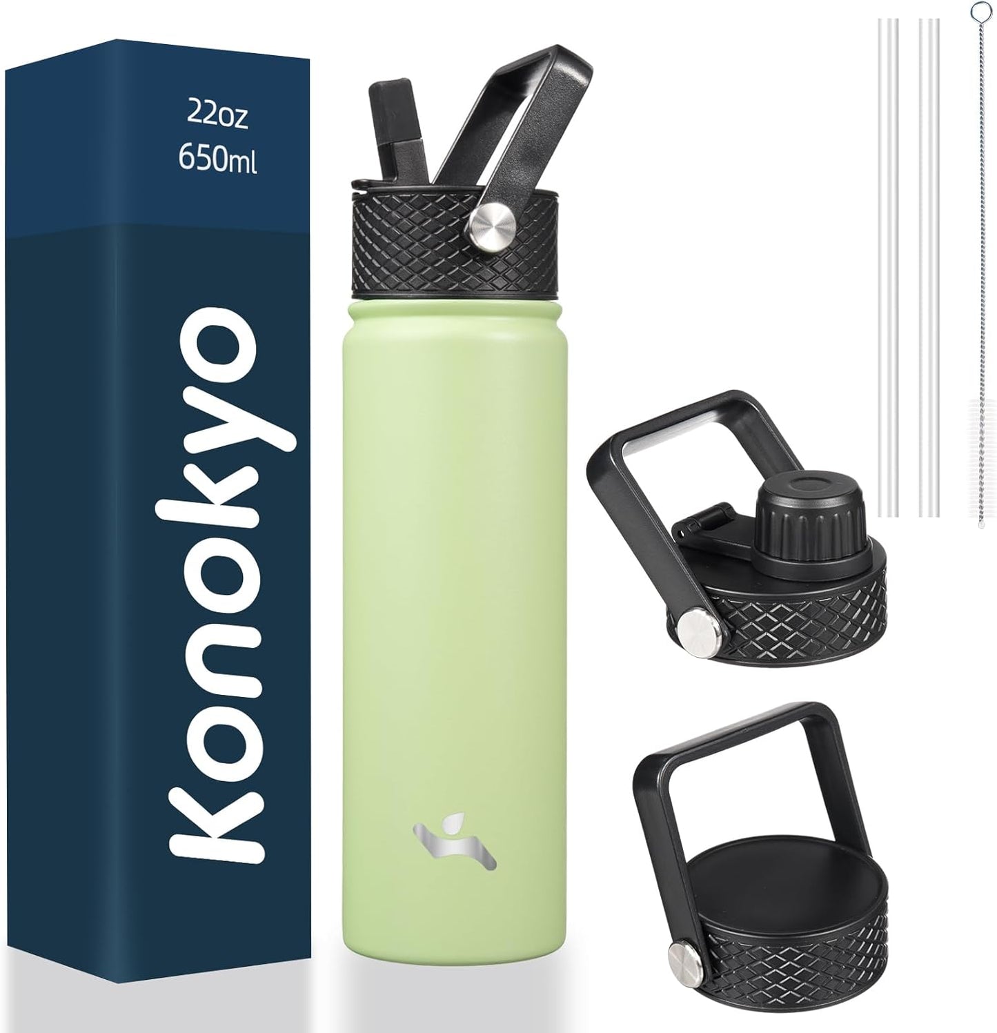 Skiennix 22oz Stainless Steel Water Bottle - Insulated with 3 Lids | Macaron Green Color
