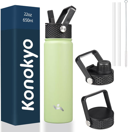 Skiennix 22oz Stainless Steel Water Bottle - Insulated with 3 Lids | Macaron Green Color